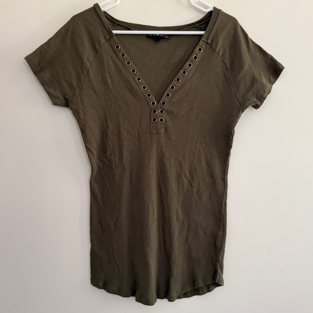 Olive Green Cotton Fitted Ribbed Top Y2K Grommet Detail Size 2X